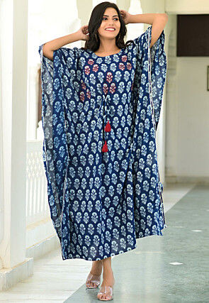 Block Printed Cotton Clinched Kaftan in Navy Blue