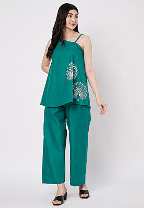 Block Printed Cotton Co Ord Set in Teal Green