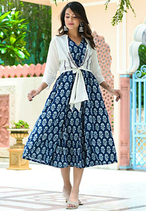 Dabu Printed Pure Cotton Midi Dress in Indigo Blue