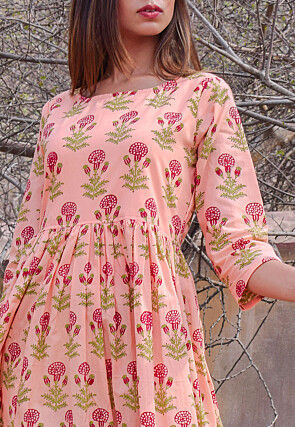 Block Printed Cotton Dress in Peach