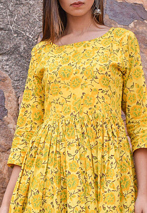 Block Printed Cotton Dress in Yellow