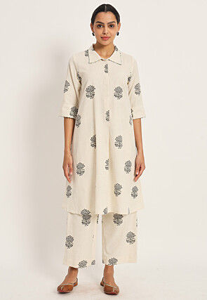 Block Printed Cotton Flex Co Ord Set in Off White