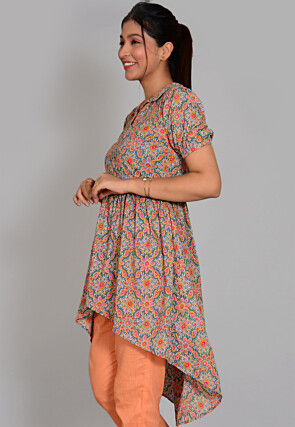 Block Printed Cotton High Low Tunic in Grey