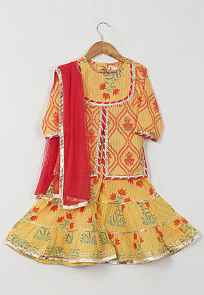 Block Printed Cotton Jacket Style Pakistani Suit in Light Yellow