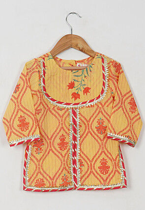 Block Printed Cotton Jacket Style Pakistani Suit in Light Yellow