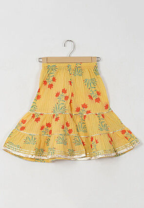 Block Printed Cotton Jacket Style Pakistani Suit in Light Yellow