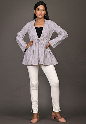 Block Printed Cotton Jacket Style Top in Light Grey