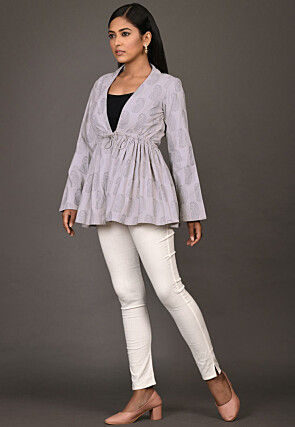 Block Printed Cotton Jacket Style Top in Light Grey