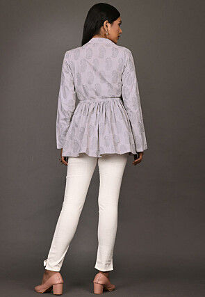 Block Printed Cotton Jacket Style Top in Light Grey