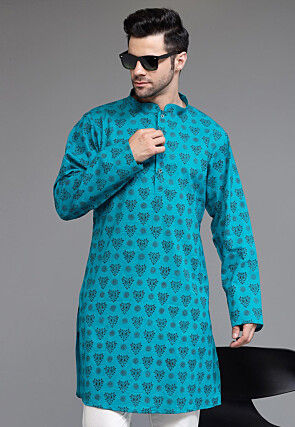 Block Printed Cotton Kurta in Blue