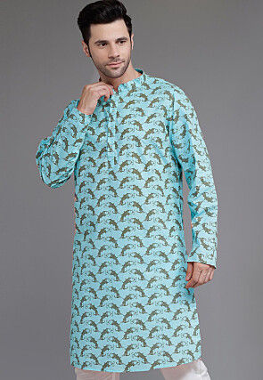 Block Printed Cotton Kurta in Light Blue