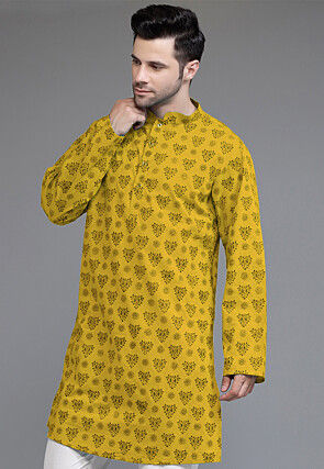 Block Printed Cotton Kurta in Mustard