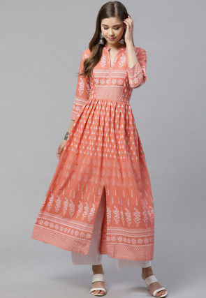Block Printed Cotton Kurta in Peach