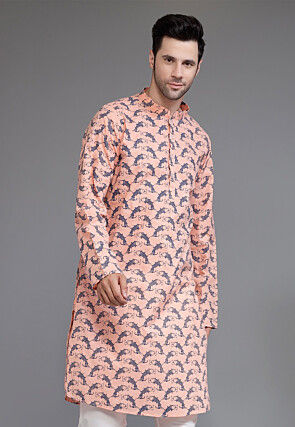 Block Printed Cotton Kurta in Peach