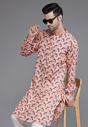 Block Printed Cotton Kurta in Peach