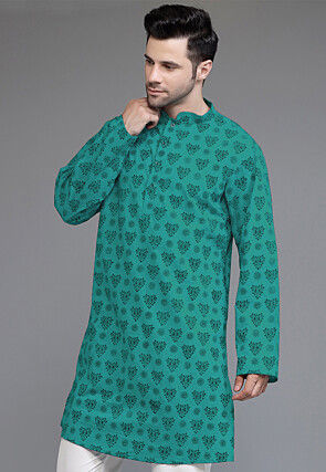 Block Printed Cotton Kurta in Teal Green