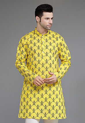 Block Printed Cotton Kurta in Yellow