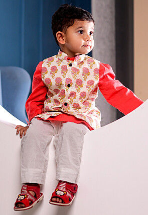 Block Printed Cotton Kurta Set in Dark Peach and Off White