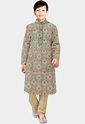 Block Printed Cotton Kurta Set in Dusty Green