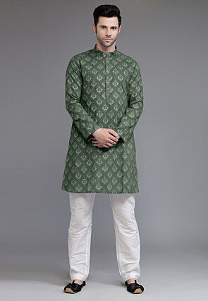 Block Printed Cotton Kurta Set in Dusty Green