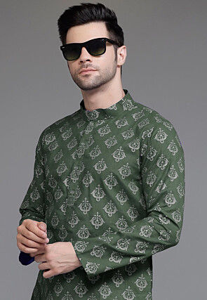 Block Printed Cotton Kurta Set in Dusty Green