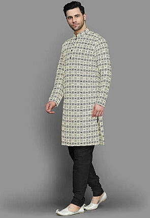 Block Printed Cotton Kurta Set in Light Beige