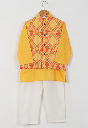 Block Printed Cotton Kurta Set in Light Yellow