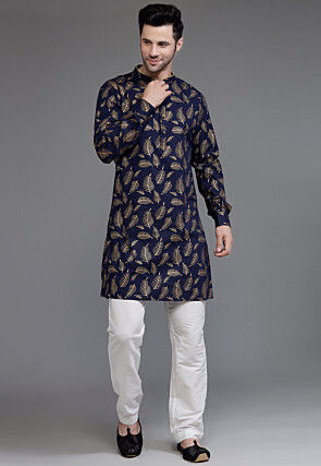 Block Printed Cotton Kurta Set in Navy Blue