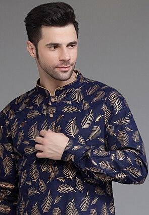 Block Printed Cotton Kurta Set in Navy Blue