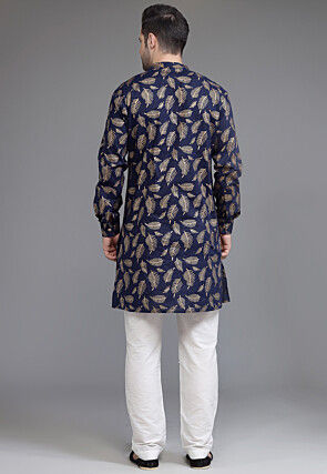 Block Printed Cotton Kurta Set in Navy Blue