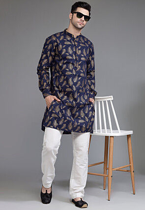 Block Printed Cotton Kurta Set in Navy Blue