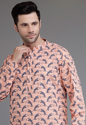 Block Printed Cotton Kurta Set in Peach