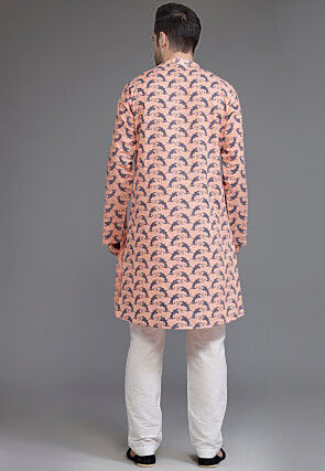 Block Printed Cotton Kurta Set in Peach