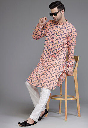 Block Printed Cotton Kurta Set in Peach