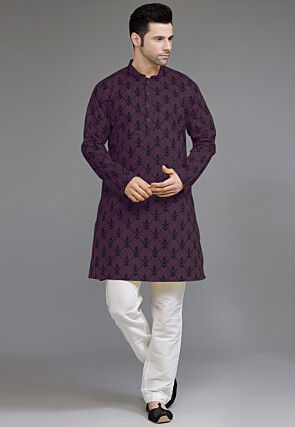 Block Printed Cotton Kurta Set in Purple