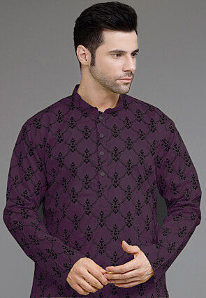 Block Printed Cotton Kurta Set in Purple