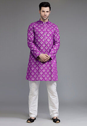 Block Printed Cotton Kurta Set in Purple