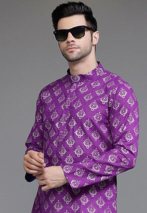 Block Printed Cotton Kurta Set in Purple