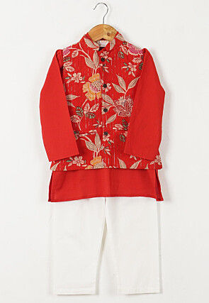 Block Printed Cotton Kurta Set in Red