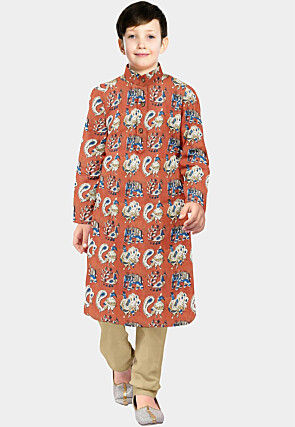 Block Printed Cotton Kurta Set in Rust