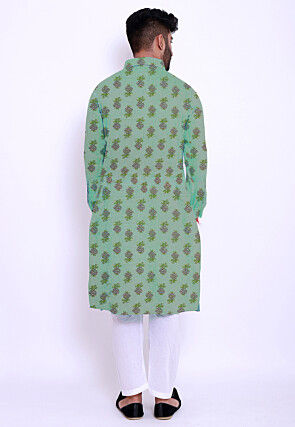 Block Printed Cotton Kurta Set in See Green