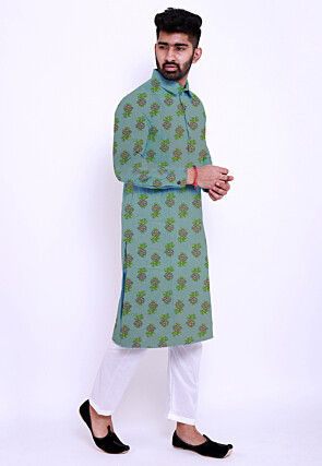 Block Printed Cotton Kurta Set in See Green