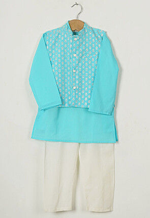 Block Printed Cotton Kurta Set in Sky Blue