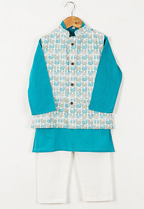 Block Printed Cotton Kurta Set in Turquoise and White