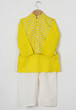 Block Printed Cotton Kurta Set in Yellow