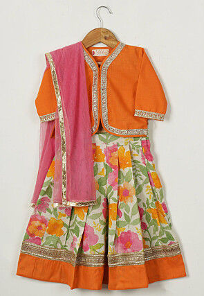 Block Printed Cotton Lehenga in Orange