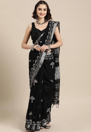 Block Printed Cotton Linen Saree in Black
