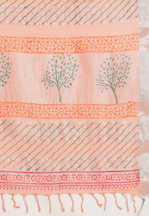 Block Printed Cotton Linen Saree in Light Peach