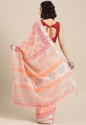 Block Printed Cotton Linen Saree in Light Peach