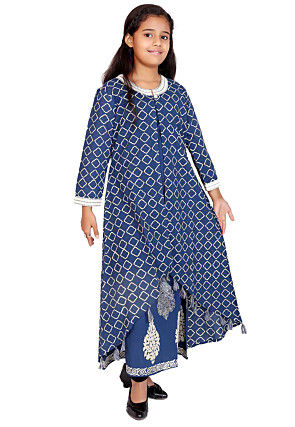 Block Printed Cotton Long Kurta in Blue